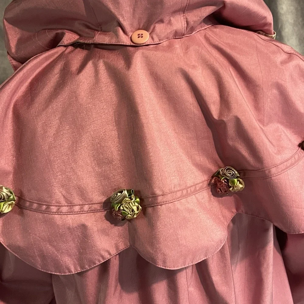 Giacca Young Gallery Vintage Pink Girls 7 Raincoat Rosettes Shiny Capelet Hood‎